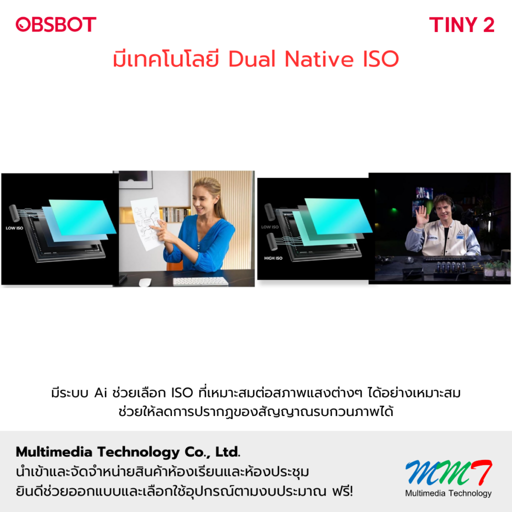  OBSBOT Tiny 2 ใช้เทคโนโลยี Dual Native ISO
ปรับค่า ISO ได้อัตโนมัติตามสภาพแสง หมดปัญหาเรื่องภาพมืดหรือสว่างเกินไป